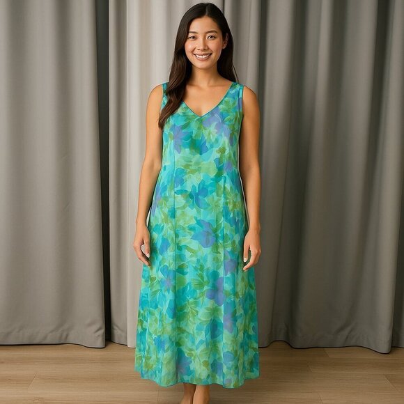 Liz Claiborne Dresses & Skirts - Villager Liz Claiborne Floral Maxi Dress Sleeveless V-Neck Size 14 Green, Blue